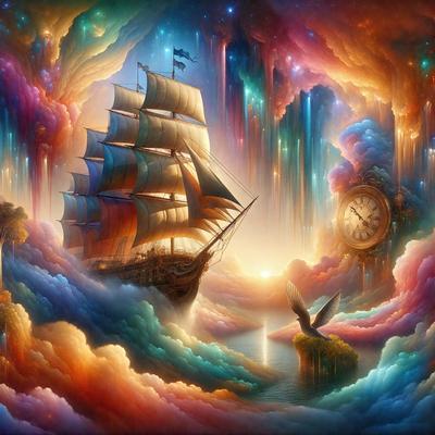 The primary subject of the image is a large sailboat floating in a colorful, cloudy sky. The setting is a fantasy world with a backdrop of a rainbow, and the visual style is a digital art or illustration. The colors and mood of the image are vibrant, lively, and whimsical.